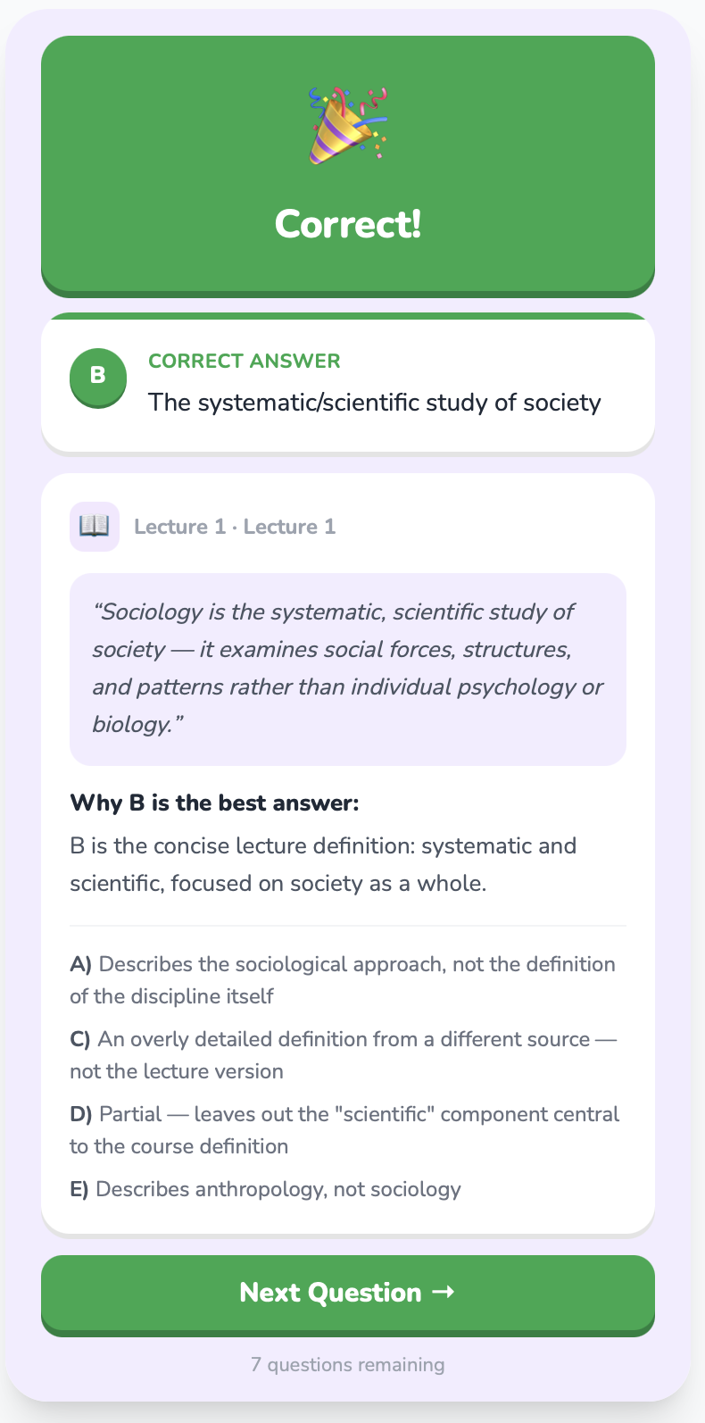 Question result screen and Review Screen