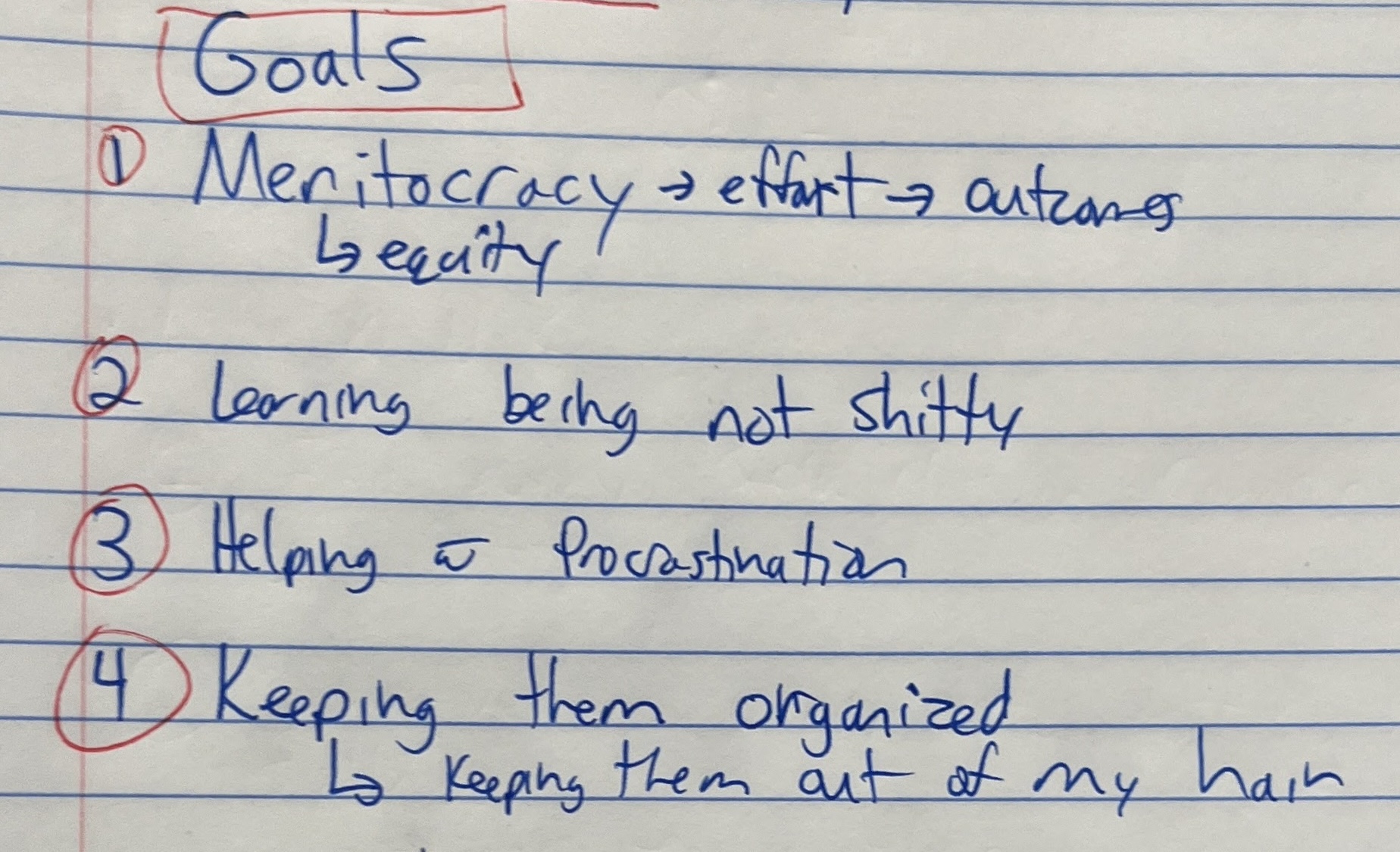 Prof. McIvor's handwritten goals from our first meeting