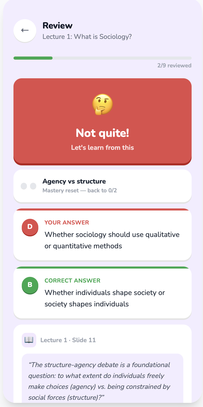 Incorrect answer screen showing  feedback