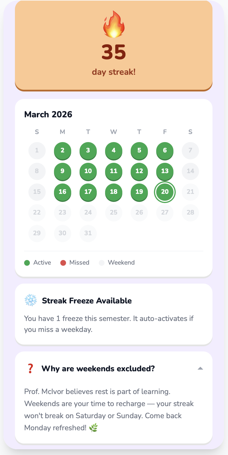 Streak calendar with weekends excluded